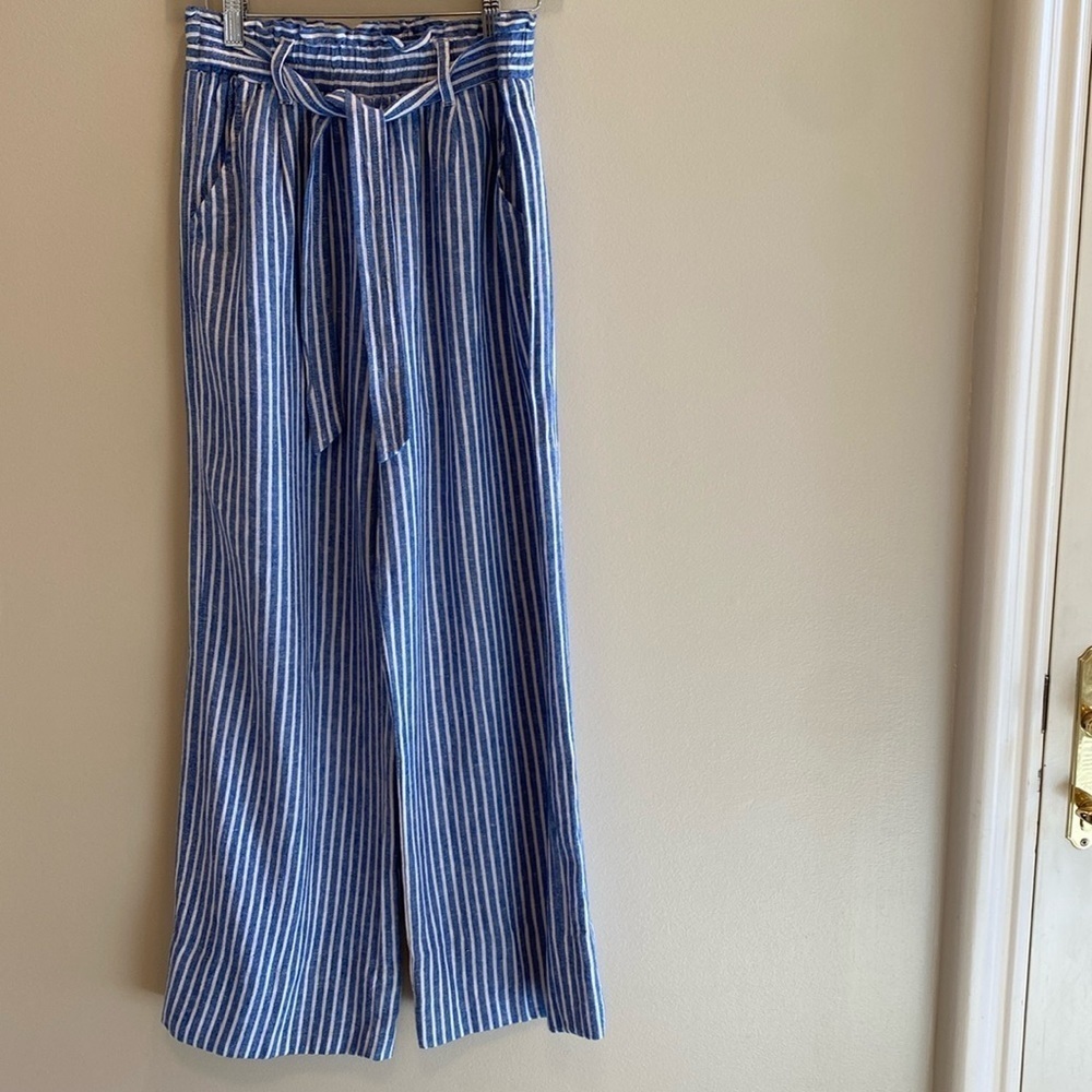 Jolt Linen Blend Wide Leg Pull On Pants Blue White Stripe SMALL